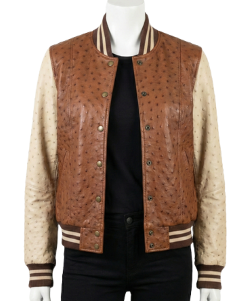 A high-end cognac and cream ostrich leather varsity jacket for women.