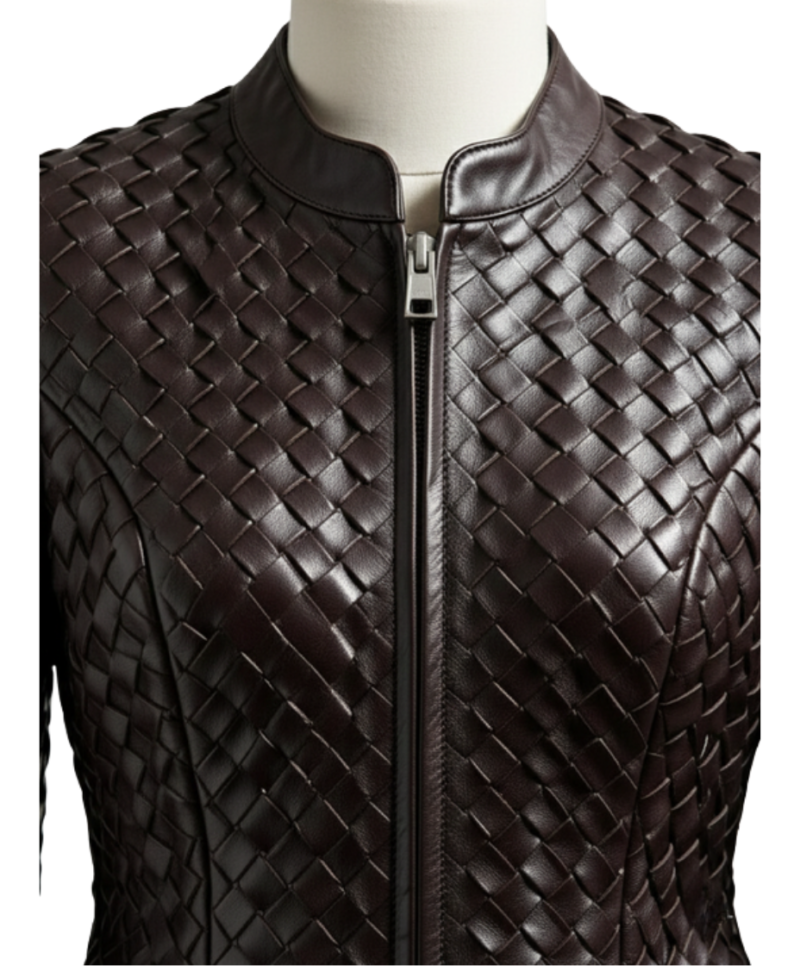 A handcrafted charcoal brown interlaced leather jacket women showing the dark brown leather jacket women texture.