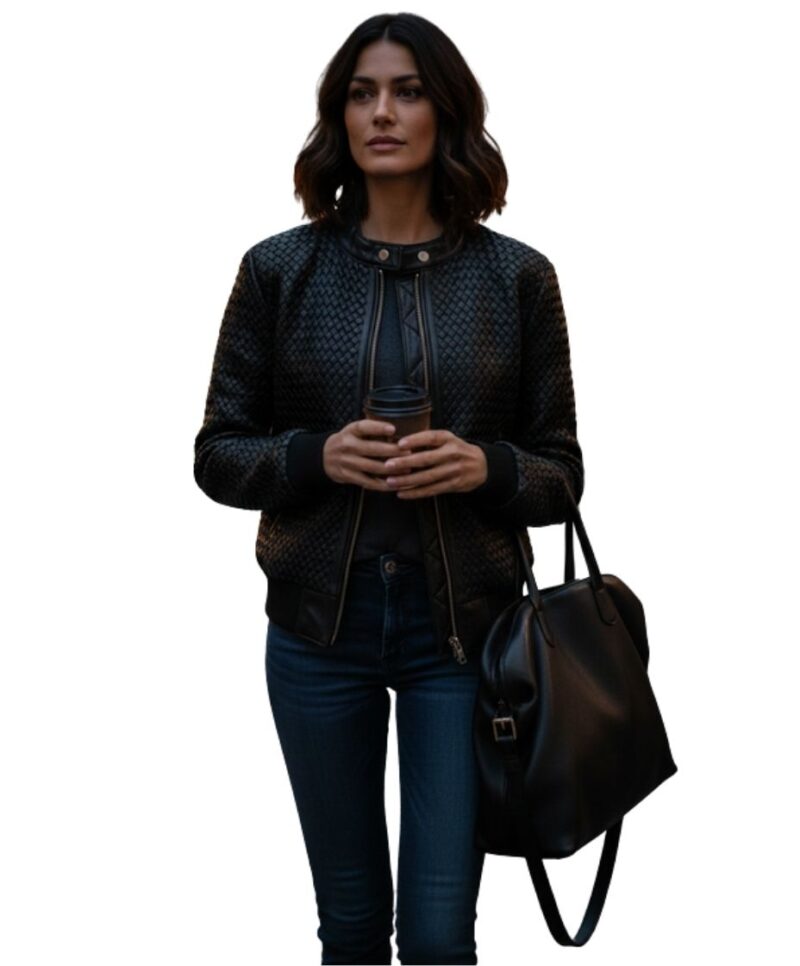 A high-end leather jacket women featuring a detailed black leather jacket women woven texture.
