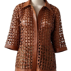 A bespoke copper woven leather shirt jacket women with an elegant leather button down shirt women's design.
