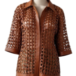 A bespoke copper woven leather shirt jacket women with an elegant leather button down shirt women's design.