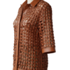 A bespoke copper woven leather shirt jacket women with an elegant leather button down shirt women's design.