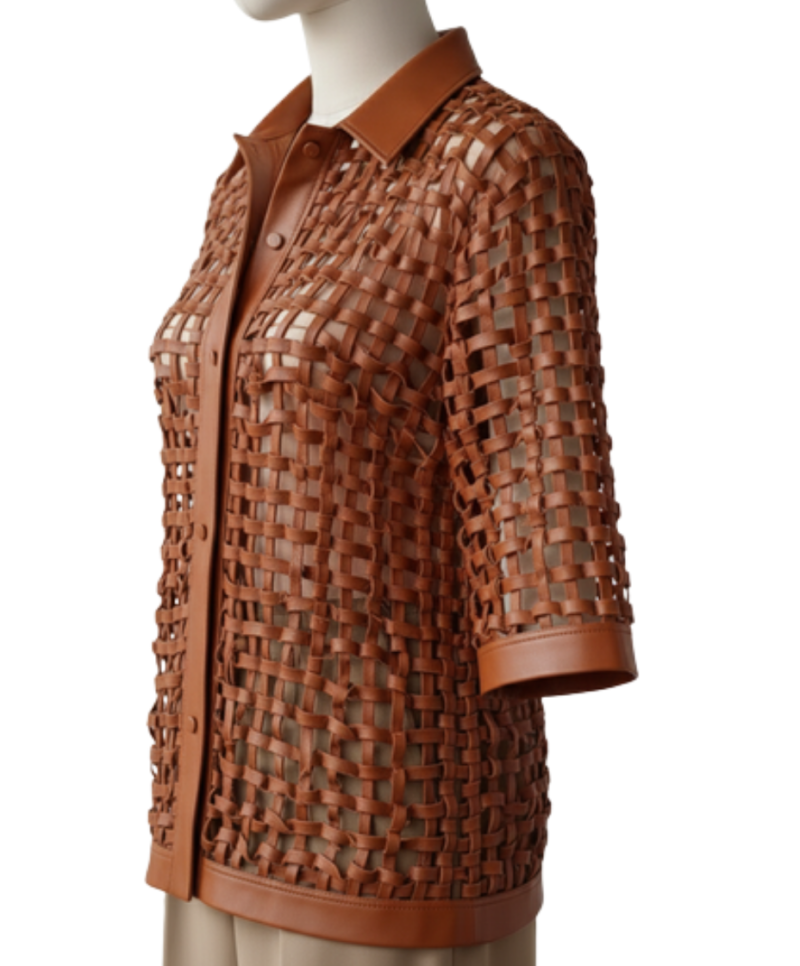 A bespoke copper woven leather shirt jacket women with an elegant leather button down shirt women's design.
