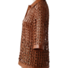 A bespoke copper woven leather shirt jacket women with an elegant leather button down shirt women's design.