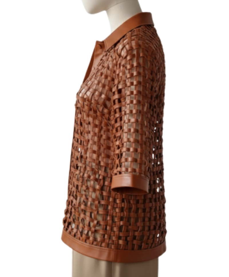 A bespoke copper woven leather shirt jacket women with an elegant leather button down shirt women's design.