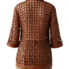 A bespoke copper woven leather shirt jacket women with an elegant leather button down shirt women's design.