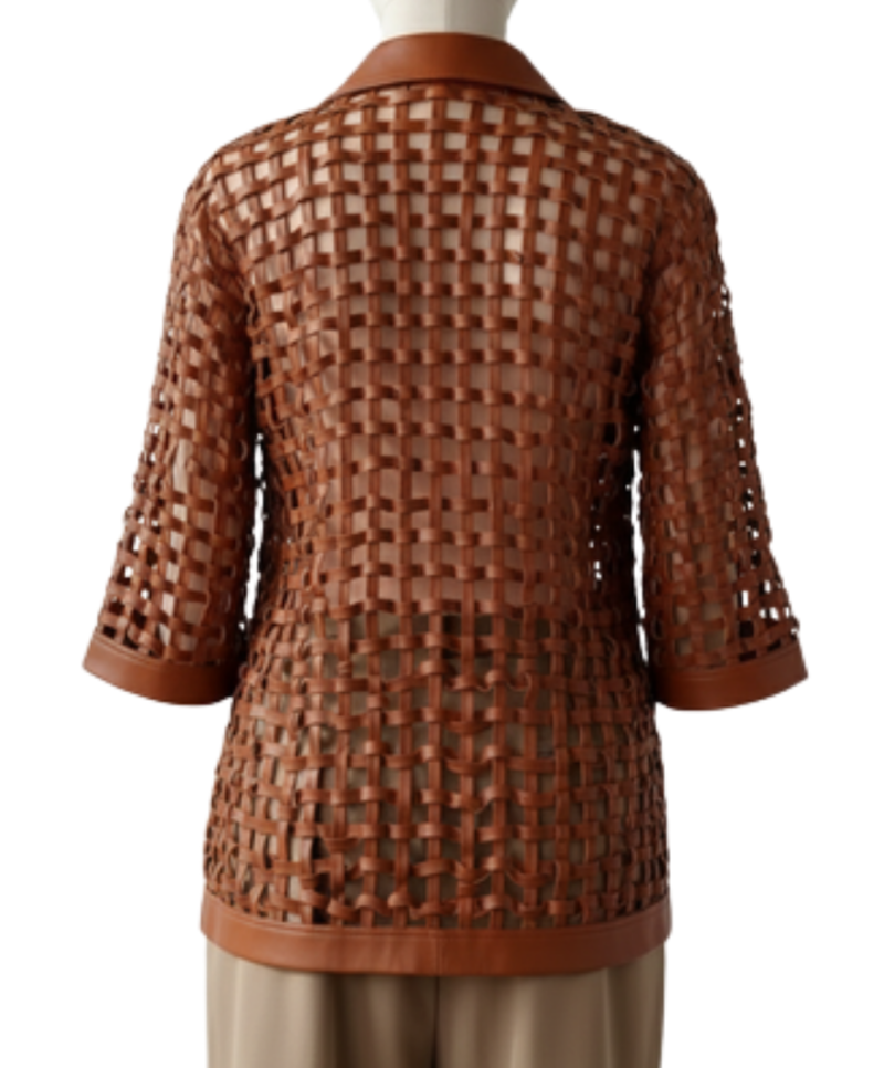 A bespoke copper woven leather shirt jacket women with an elegant leather button down shirt women's design.