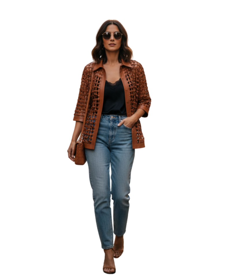 A bespoke copper woven leather shirt jacket women with an elegant leather button down shirt women's design.