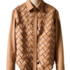 A handcrafted apricot interlaced leather shirt women showing the womens leather shirts texture.
