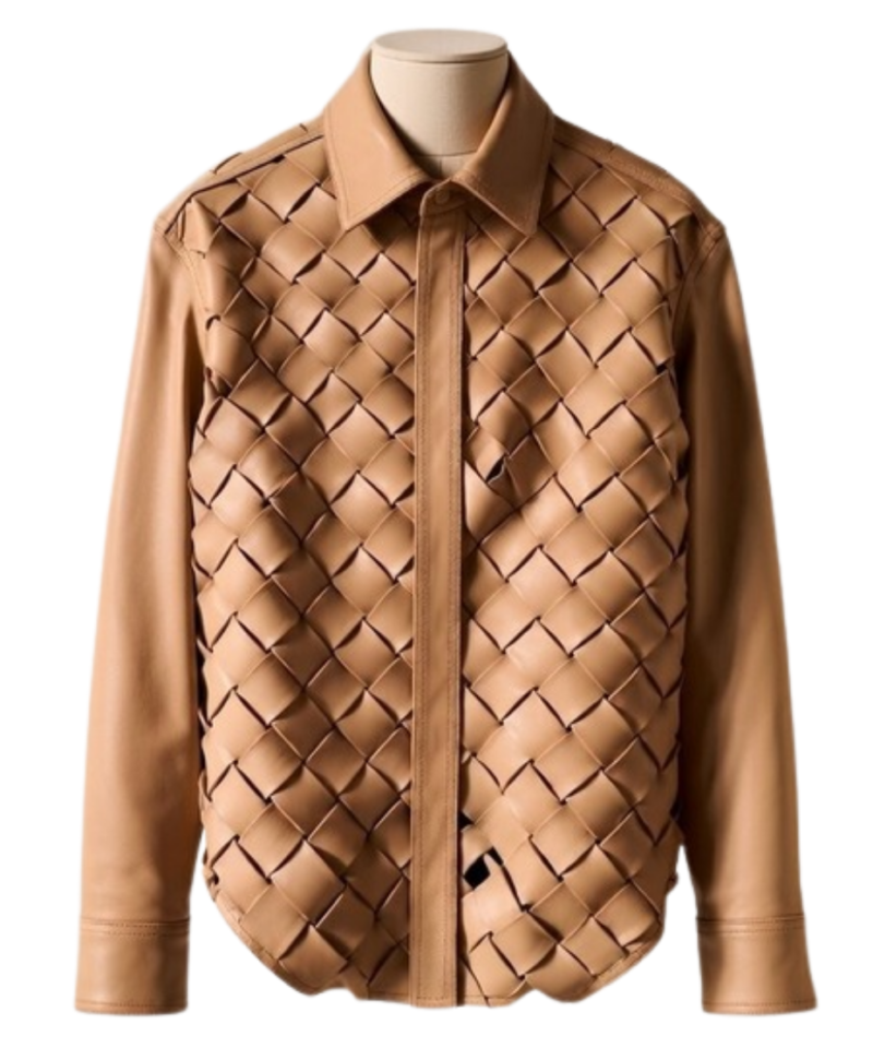 A handcrafted apricot interlaced leather shirt women showing the womens leather shirts texture.