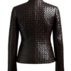 A handcrafted charcoal brown interlaced leather jacket women showing the dark brown leather jacket women texture.
