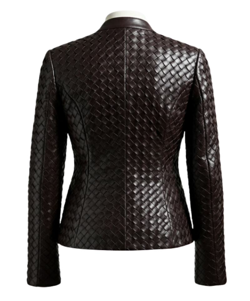 A handcrafted charcoal brown interlaced leather jacket women showing the dark brown leather jacket women texture.