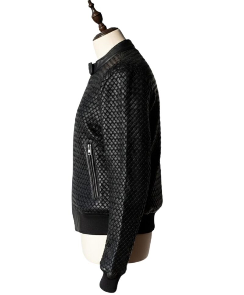 A high-end leather jacket women featuring a detailed black leather jacket women woven texture.