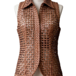 A high-end woven coffee brown leather vests for women with intricate texture.