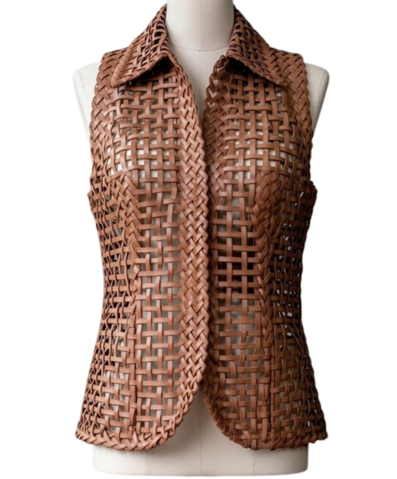 A high-end woven coffee brown leather vests for women with intricate texture.
