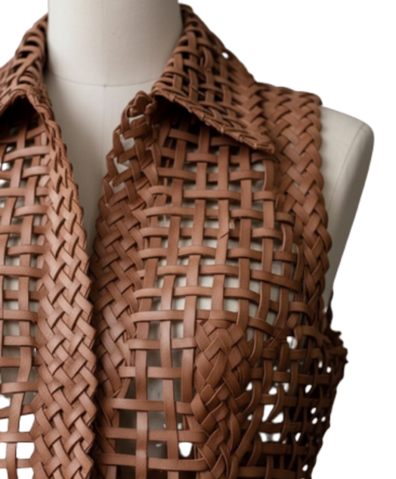 A high-end woven coffee brown leather vests for women with intricate texture.