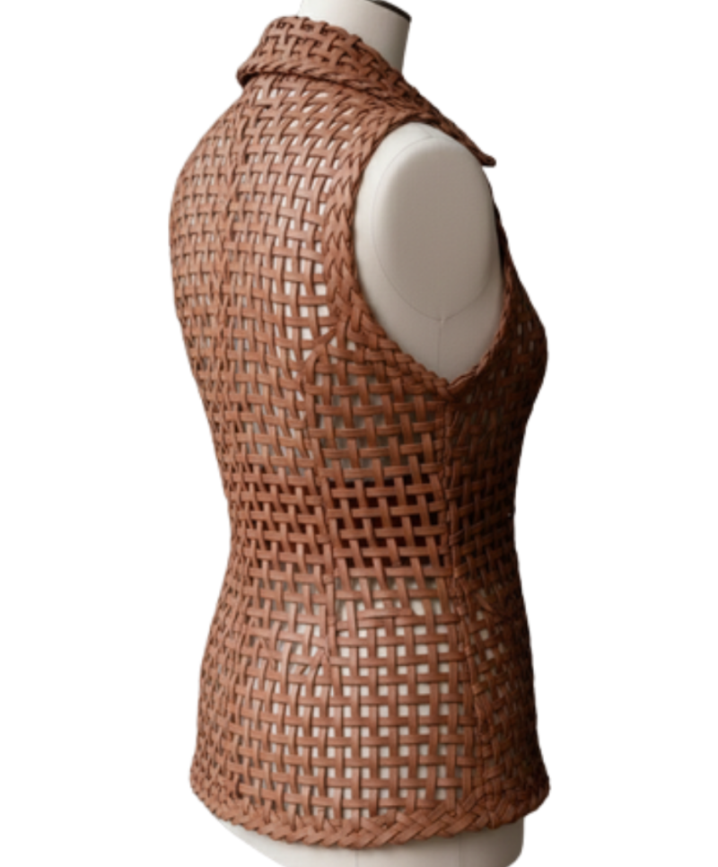 A high-end woven coffee brown leather vests for women with intricate texture.