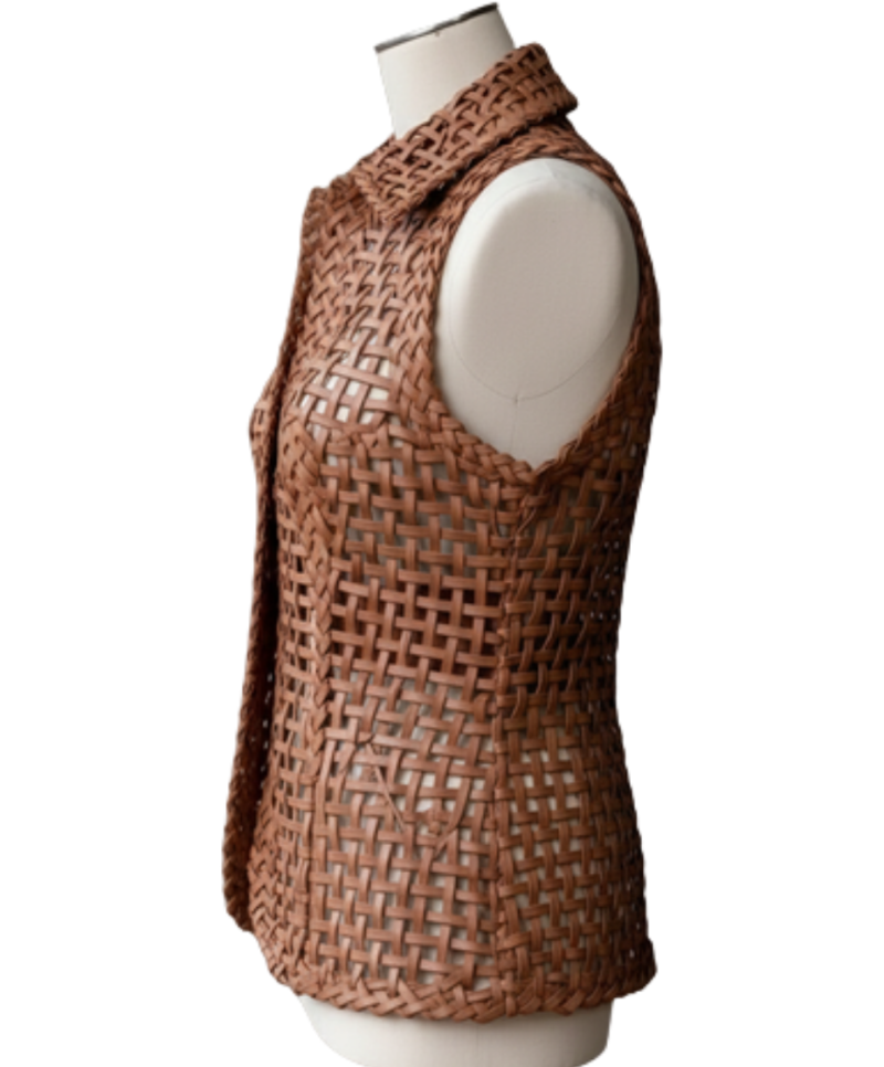 A high-end woven coffee brown leather vests for women with intricate texture.