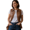 A high-end woven coffee brown leather vests for women with intricate texture.