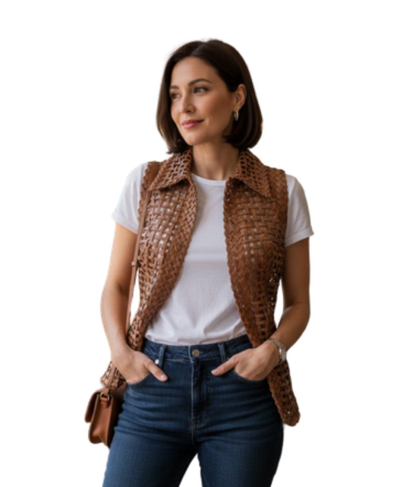 A high-end woven coffee brown leather vests for women with intricate texture.