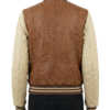 A high-end cognac and cream ostrich leather varsity jacket for women.