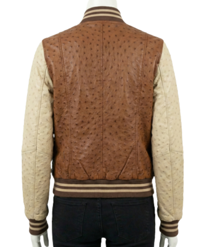 A high-end cognac and cream ostrich leather varsity jacket for women.