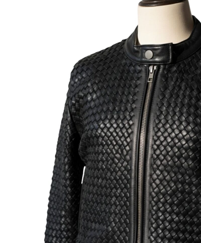 A high-end leather jacket women featuring a detailed black leather jacket women woven texture.