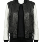 A luxury black and white ostrich leather women's varsity jacket design.