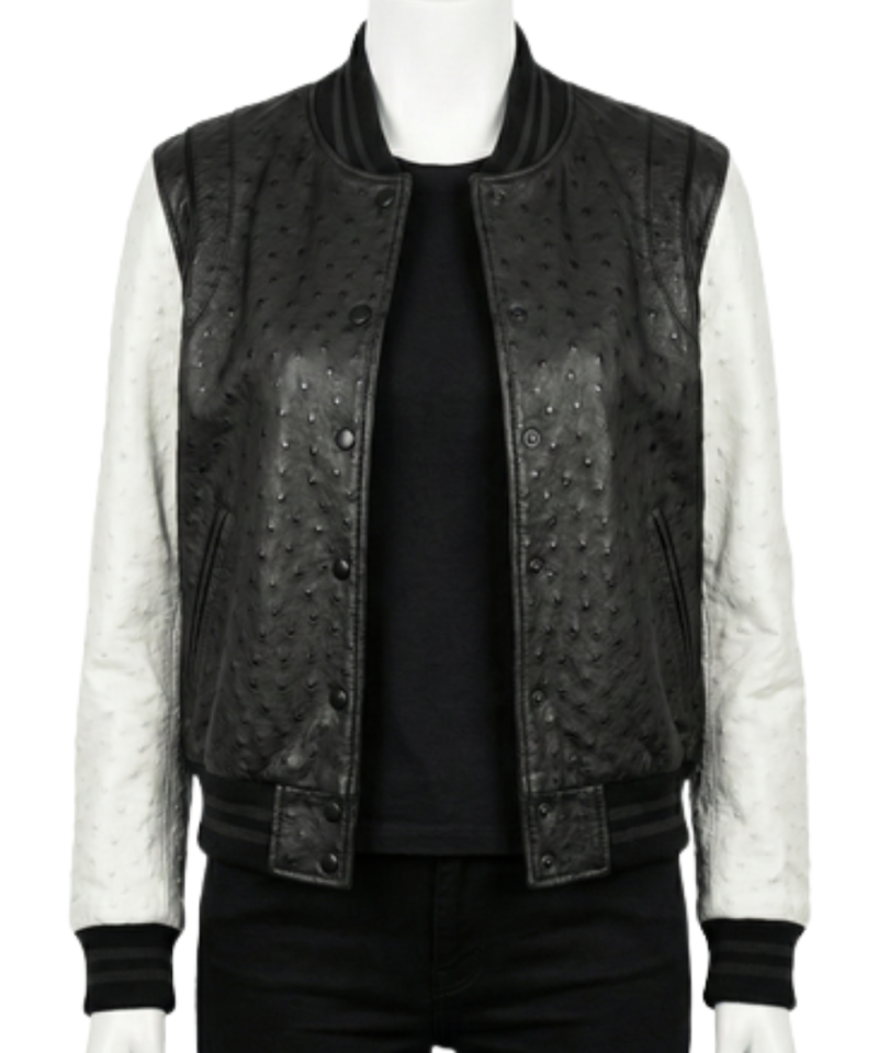 A luxury black and white ostrich leather women's varsity jacket design.