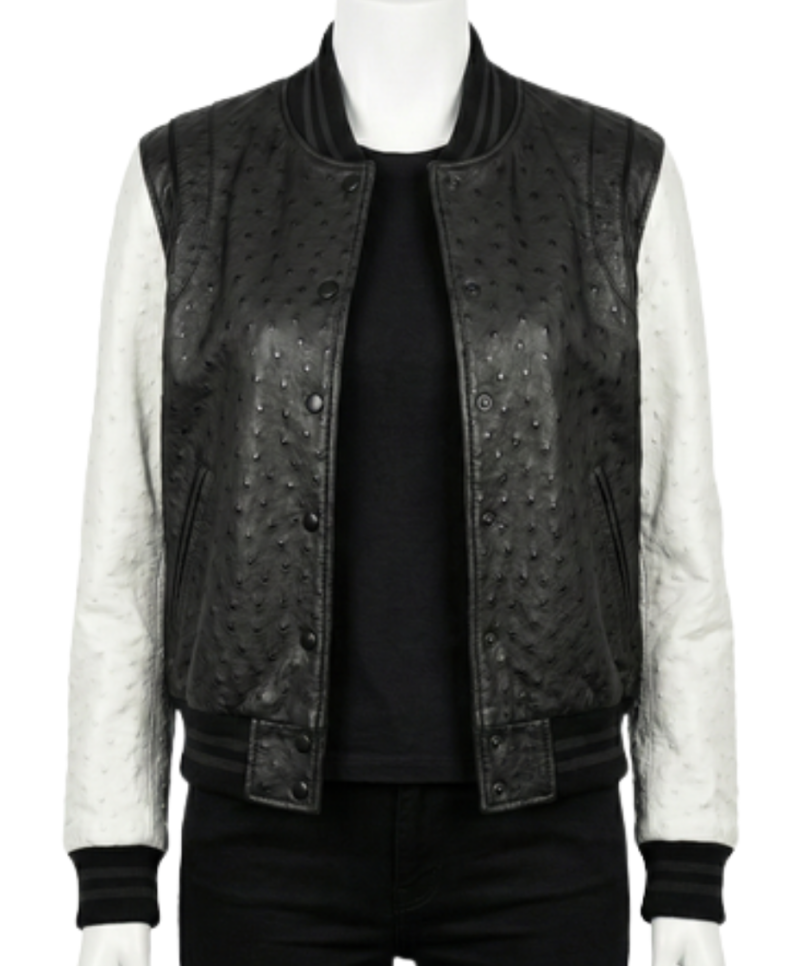 A luxury black and white ostrich leather women's varsity jacket design.