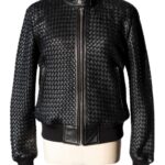 A high-end leather jacket women featuring a detailed black leather jacket women woven texture.