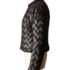 Handcrafted deep espresso woven leather jacket women showing artisanal detail.