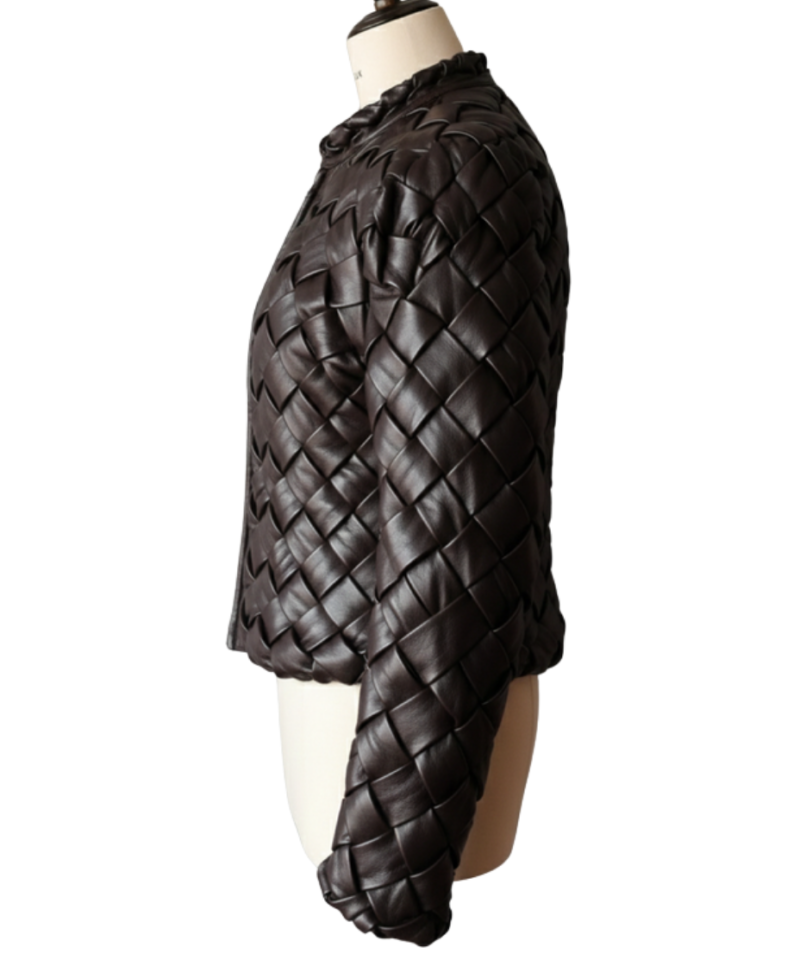 Handcrafted deep espresso woven leather jacket women showing artisanal detail.