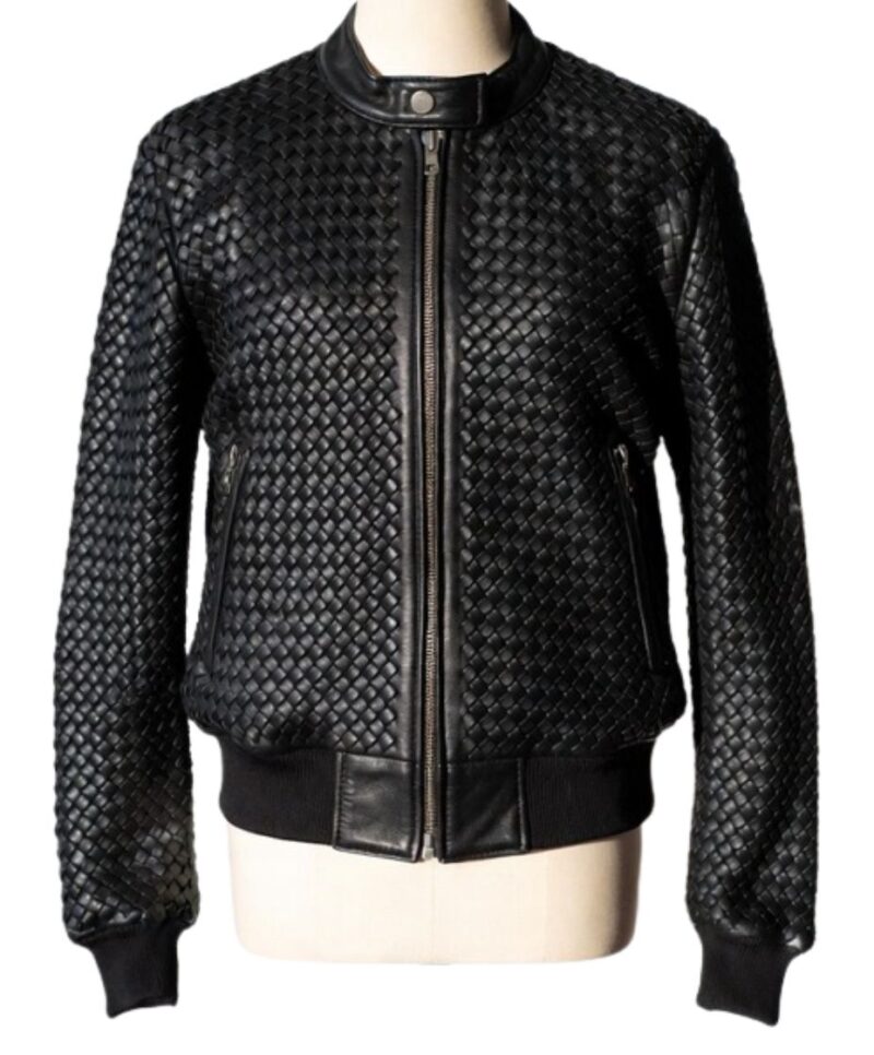 A high-end leather jacket women featuring a detailed black leather jacket women woven texture.