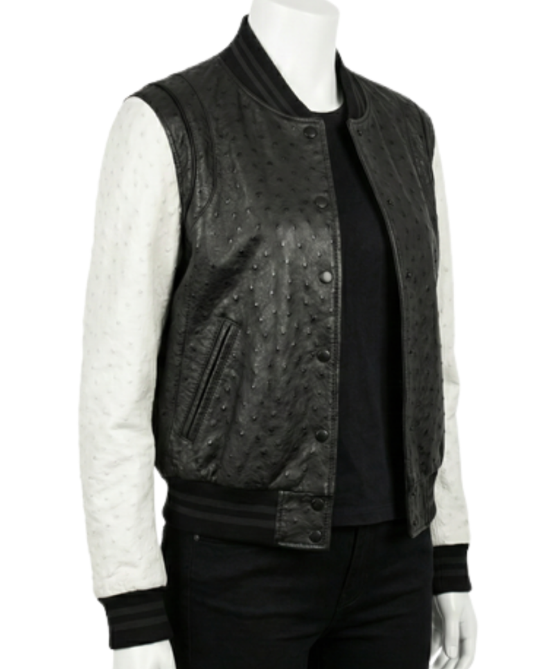 A luxury black and white ostrich leather women's varsity jacket design.