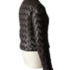 Handcrafted deep espresso woven leather jacket women showing artisanal detail.