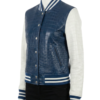 A high-end navy and white crocodile leather varsity jacket for women.