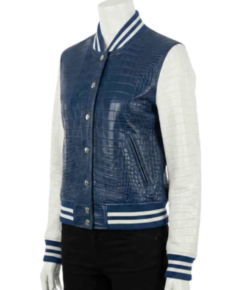 A high-end navy and white crocodile leather varsity jacket for women.