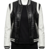 A bespoke black crocodile leather jacket featuring the women varsity jacket style.