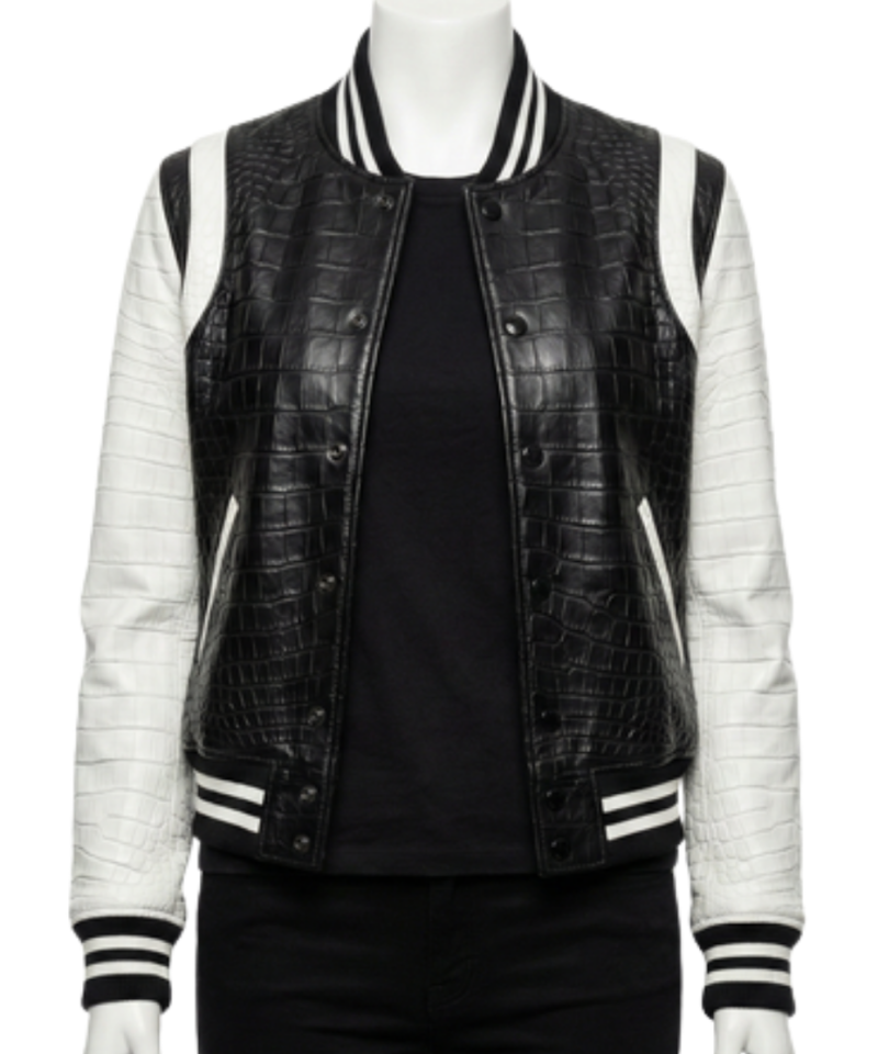 A bespoke black crocodile leather jacket featuring the women varsity jacket style.