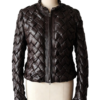 Handcrafted deep espresso woven leather jacket women showing artisanal detail.