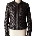 Handcrafted deep espresso woven leather jacket women showing artisanal detail.