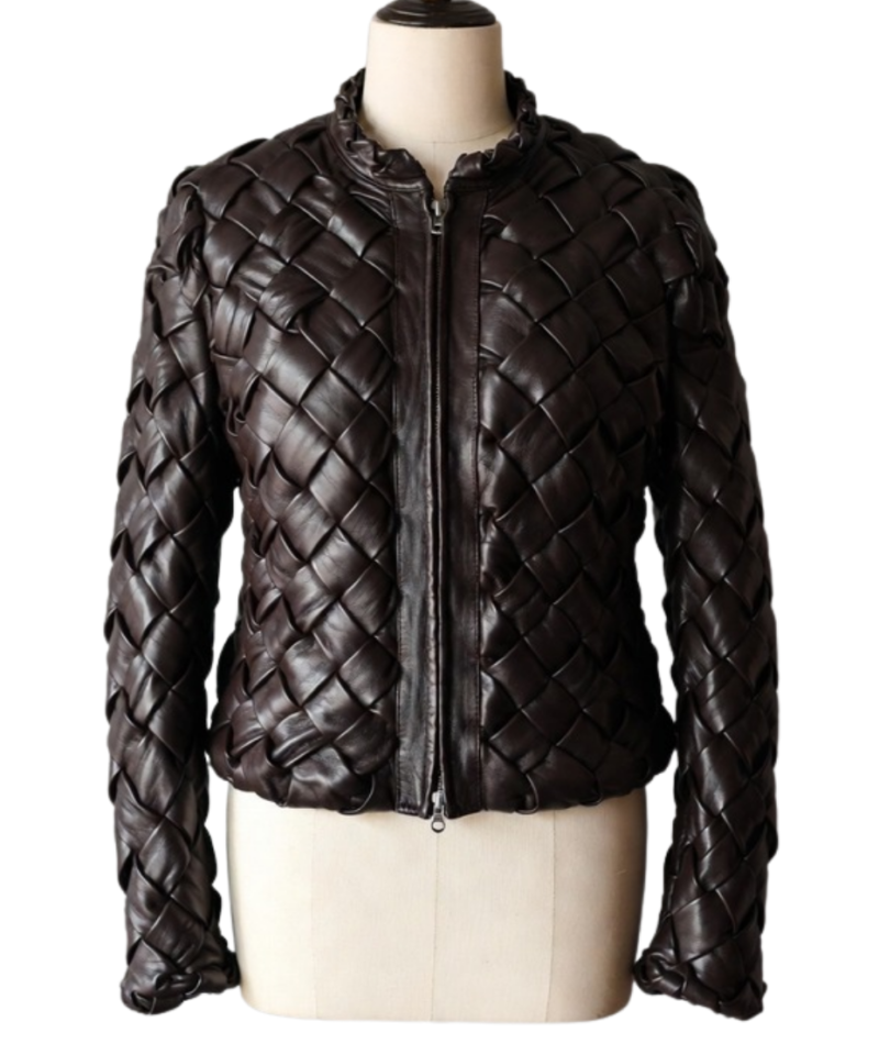 Handcrafted deep espresso woven leather jacket women showing artisanal detail.
