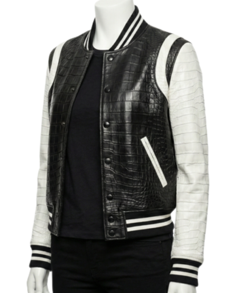 A bespoke black crocodile leather jacket featuring the women varsity jacket style.