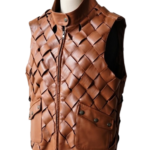 A handcrafted cognac woven leather vest women showing the womens leather vest texture.