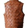 A handcrafted cognac woven leather vest women showing the womens leather vest texture.