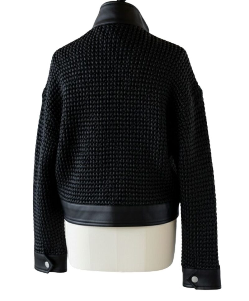 A high-end black leather jacket women featuring a detailed black jacket womens leather woven texture.