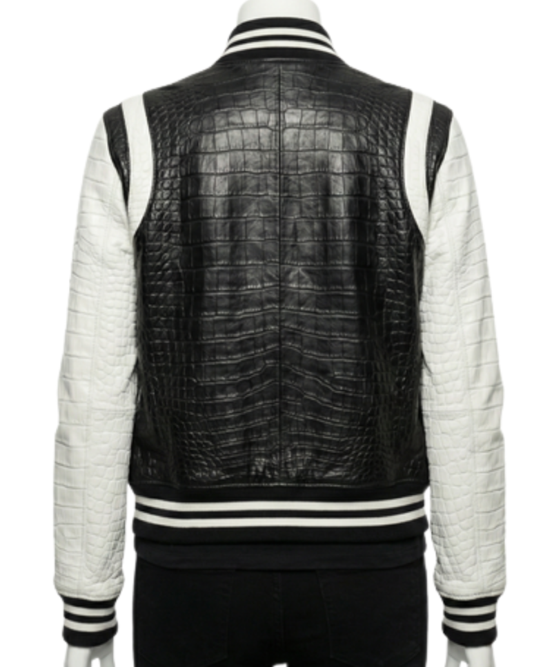 A bespoke black crocodile leather jacket featuring the women varsity jacket style.