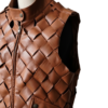 A handcrafted cognac woven leather vest women showing the womens leather vest texture.