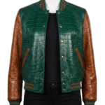 A luxury evergreen and cognac crocodile leather varsity jackets women design.